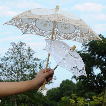 Булчински чадър Ръчно изработен памучен дантелен чадър за чадър с дървена дръжка за сватбени тържества Декор Танцуващ фотографски реквизит