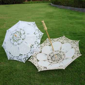 Булчински чадър Ръчно изработен памучен дантелен чадър за чадър с дървена дръжка за сватбени тържества Декор Танцуващ фотографски реквизит