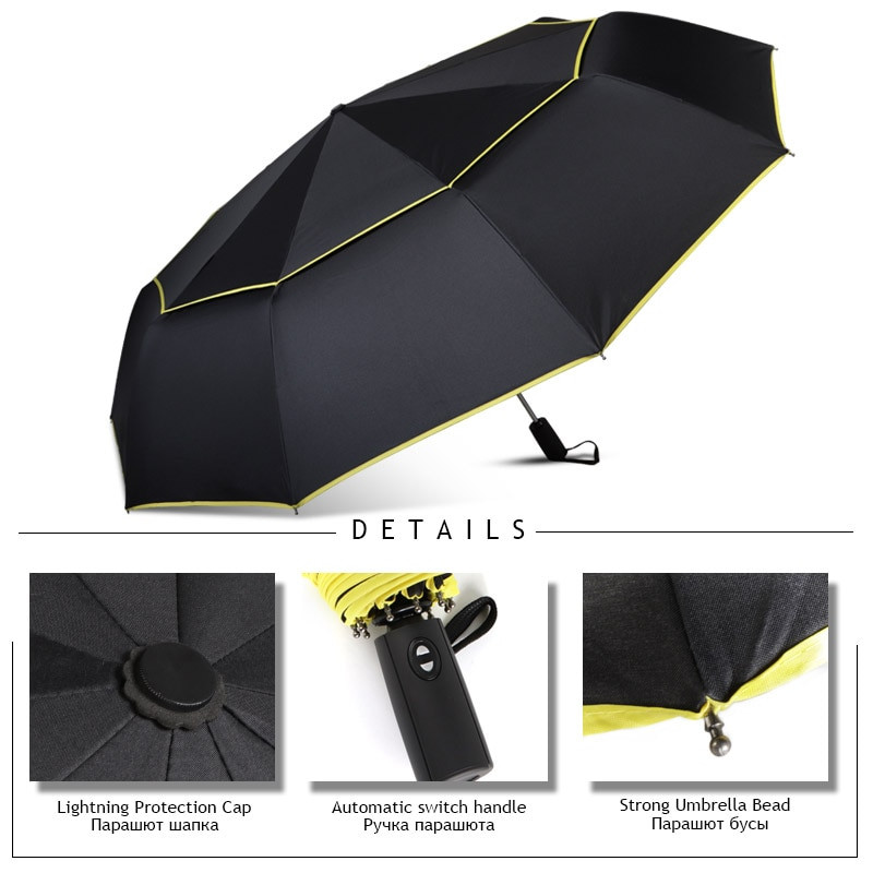 Напълно автоматичен ветроустойчив чадър за дъжд Дамски двоен висококачествен голям 3-сгъваем ветроустойчив чадър за мъже на открито