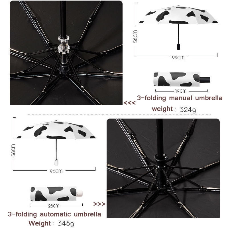 Mini prenosný päťnásobný automatický slnečník s motívom kravy, čiernobiely vzor, kreatívny dámsky slnečník do daždivého alebo slnečného dňa