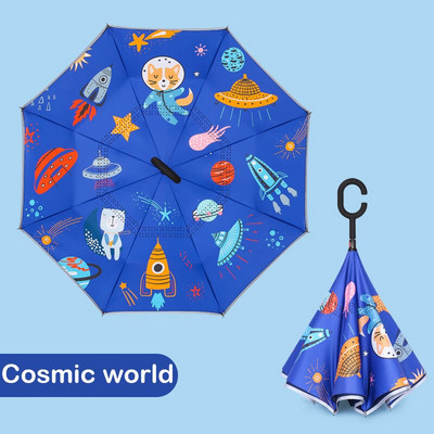 Livrare gratuită 2021 pentru copii, umbrelă inversată cu două straturi, umbrelă de protecție solară cu animale din desene animate, umbrelă lungă pentru băieți și fete, fără mâner