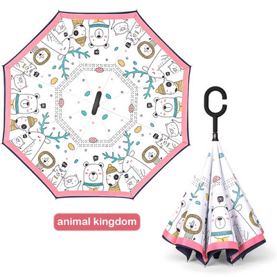 Livrare gratuită 2021 pentru copii, umbrelă inversată cu două straturi, umbrelă de protecție solară cu animale din desene animate, umbrelă lungă pentru băieți și fete, fără mâner