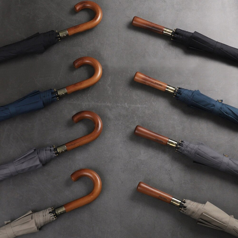 Parachase Veľký dáždnik pre mužov a ženy, dážď, dvojvrstvový, vetruodolný, 8 rebier, drevený dáždnik s dlhou rukoväťou, automatický, silný, strážny, Chuva