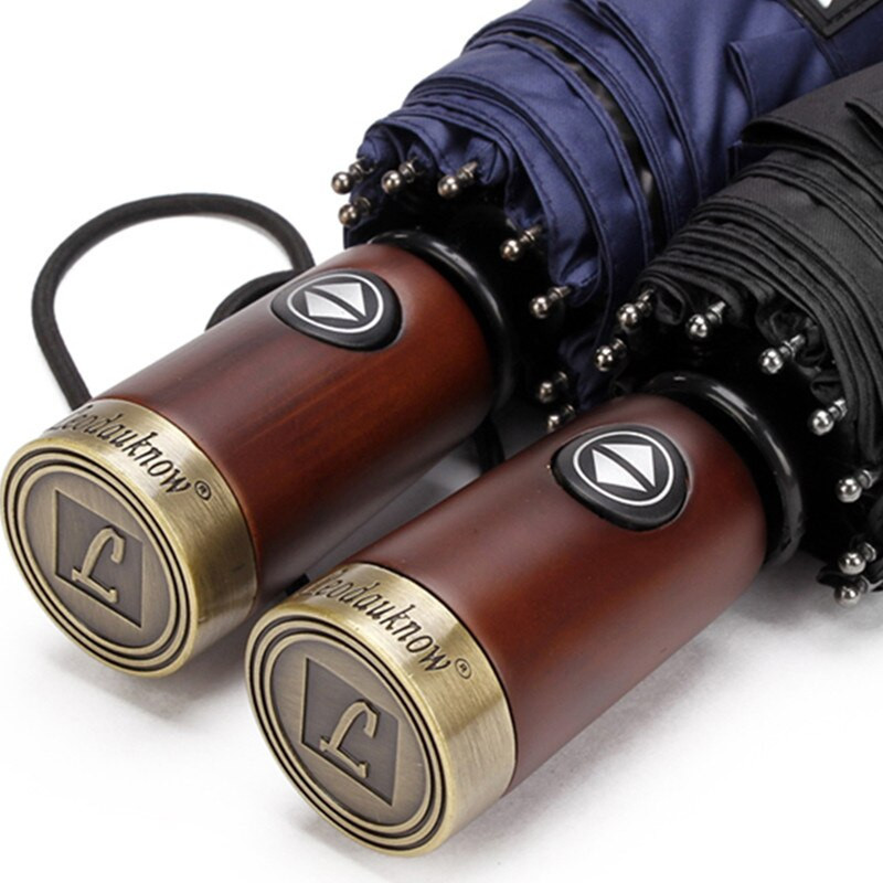 Umbrelele pliabile pentru bărbați, umbrele de soare automate, rezistente la vânt, au mânere din lemn masiv, cu zece rame din os