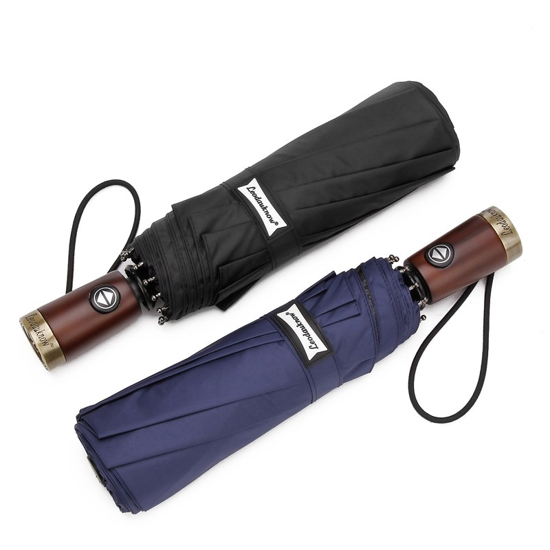 Umbrelele pliabile pentru bărbați, umbrele de soare automate, rezistente la vânt, au mânere din lemn masiv, cu zece rame din os