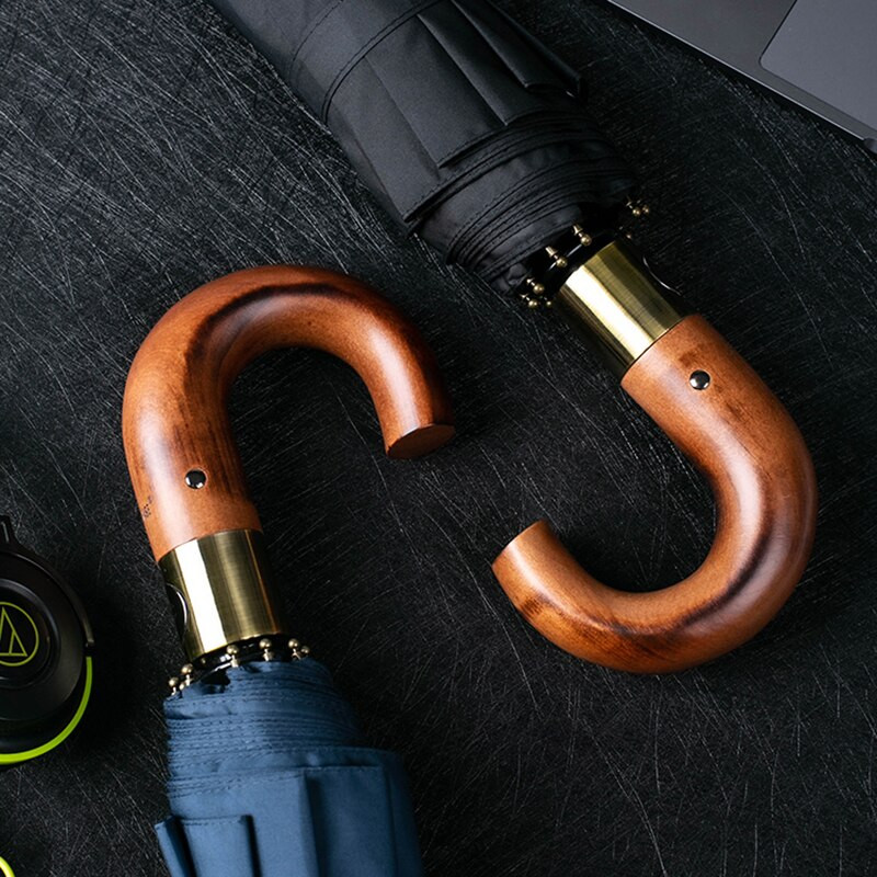 Umbrelă de ploaie Parachase Mâner curbat din lemn automat Business Umbrella Design Corporation 10K Rezistent la vânt Umbrelă pliabilă pentru bărbat