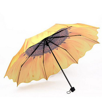2021 3d Sunflower Print Τρεις πτυσσόμενες ομπρέλα Rain Women Pongee Sunny and Rainy Umbrella Anti Uv Feel Comfortable New