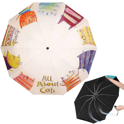 Umbrelă pliabilă rezistentă la vânt, acoperire neagră, pisică, umbrele de soare, ploaie, femei, originală inversă automată, umbrelă de soare, anti-UV, băieți