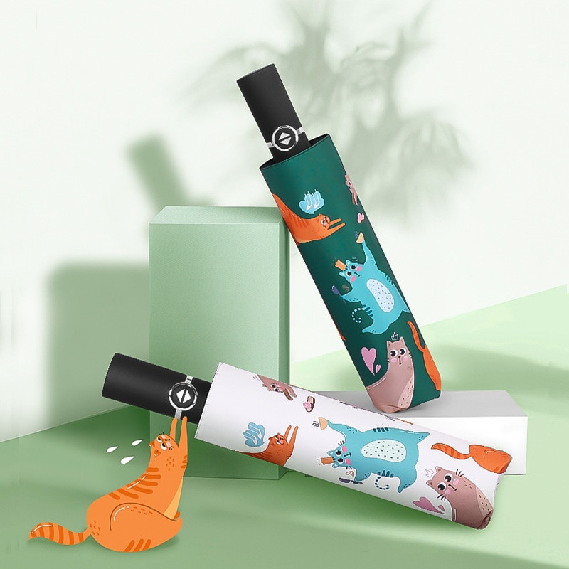 Umbrelă pliabilă rezistentă la vânt, acoperire neagră, pisică, umbrele de soare, ploaie, femei, originală inversă automată, umbrelă de soare, anti-UV, băieți