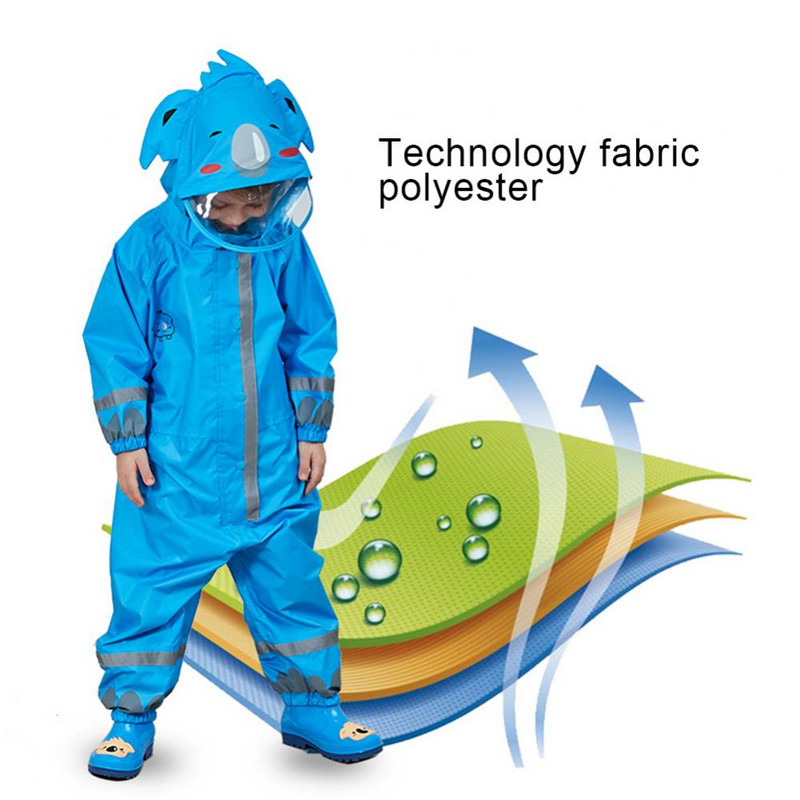 Salopetă de ploaie unisex pentru copii cu benzi reflectorizante din desene animate 3D cu glugă