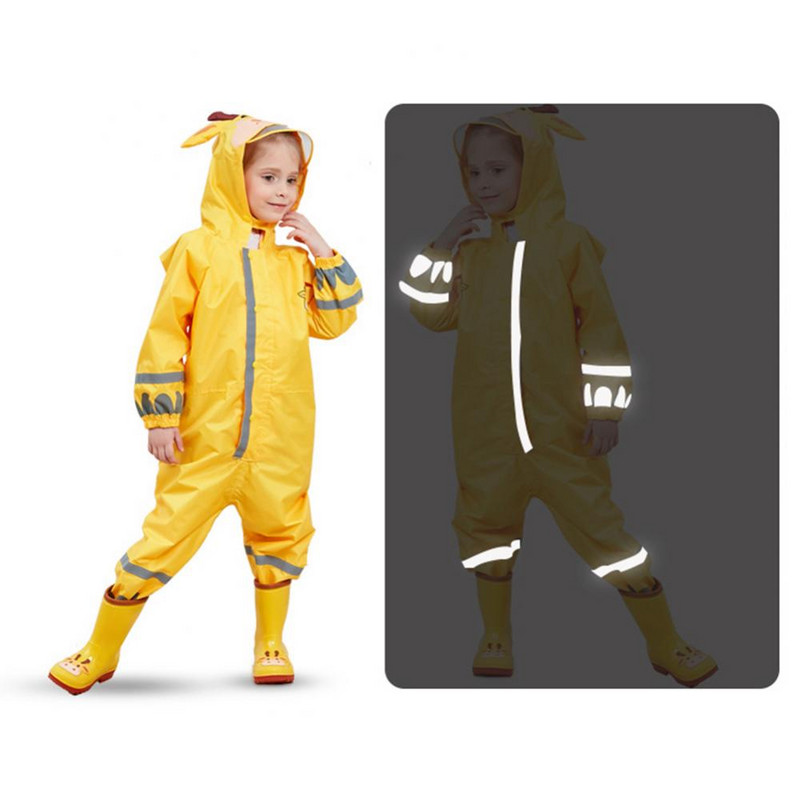 Salopetă de ploaie unisex pentru copii cu benzi reflectorizante din desene animate 3D cu glugă