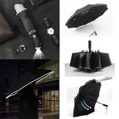 Vetruodolný LED svetelný automatický dáždnik do dažďa pre ženy a mužov s reflexným pruhom, obrátený dáždnik, 10K dáždniky