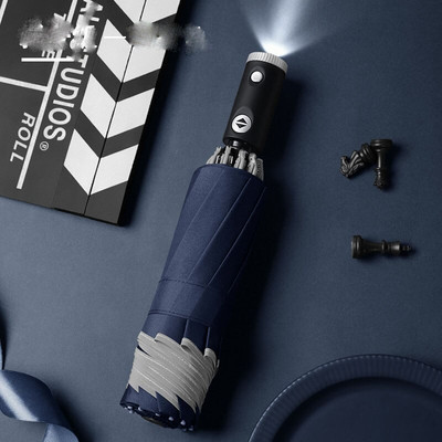 Umbrelă automată cu dungi reflectorizante Umbrelă cu lumină inversă cu LED-uri Umbrele de călătorie pliabile, inversate, cu 10 nervuri