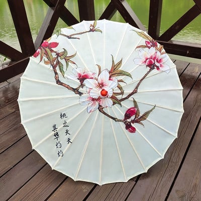 Ρετρό μεταξωτή υφασμάτινη ομπρέλα Γυναικεία Ιαπωνική ανθισμένη κερασιά Διακοσμητική ομπρέλα Κινέζικης τεχνοτροπίας λαδόχαρτο Ξύλινη λαβή