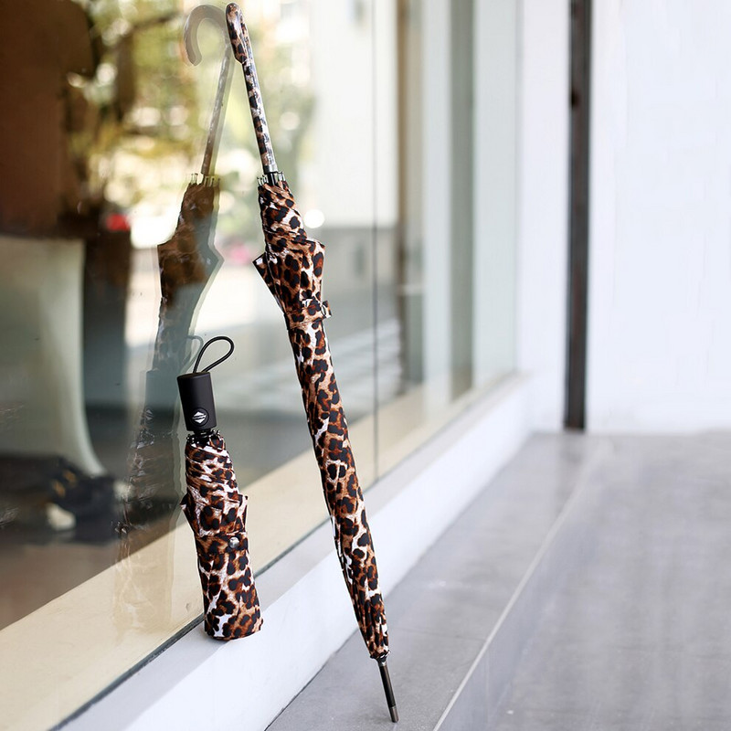 Parachase Fashion Model Leopard Umbrelă ploaie femei rezistente la vânt cu mâner lung umbrelă fete brand automat umbrele pliabile 8K