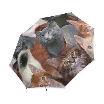 Горещи продавани 3 сгъваеми дамски автоматични чадъра Pongee Anti-UV Cat Family Print Слънцезащитен чадър Мъжки чадър за дъжд