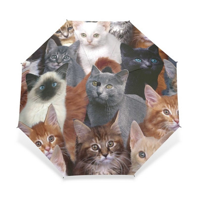 Горещи продавани 3 сгъваеми дамски автоматични чадъра Pongee Anti-UV Cat Family Print Слънцезащитен чадър Мъжки чадър за дъжд