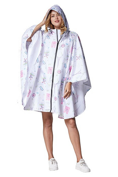 Dámsky štýlový nepremokavý pršiplášť s farebnou potlačou, kapucňou a zipsom