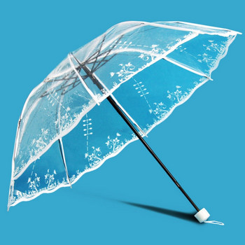 Цветен прозрачен сгъваем дъждовен чадър за жени Преносим молив Мини слънчев ветроустойчив чадър Бял дантелен сватбен чадър