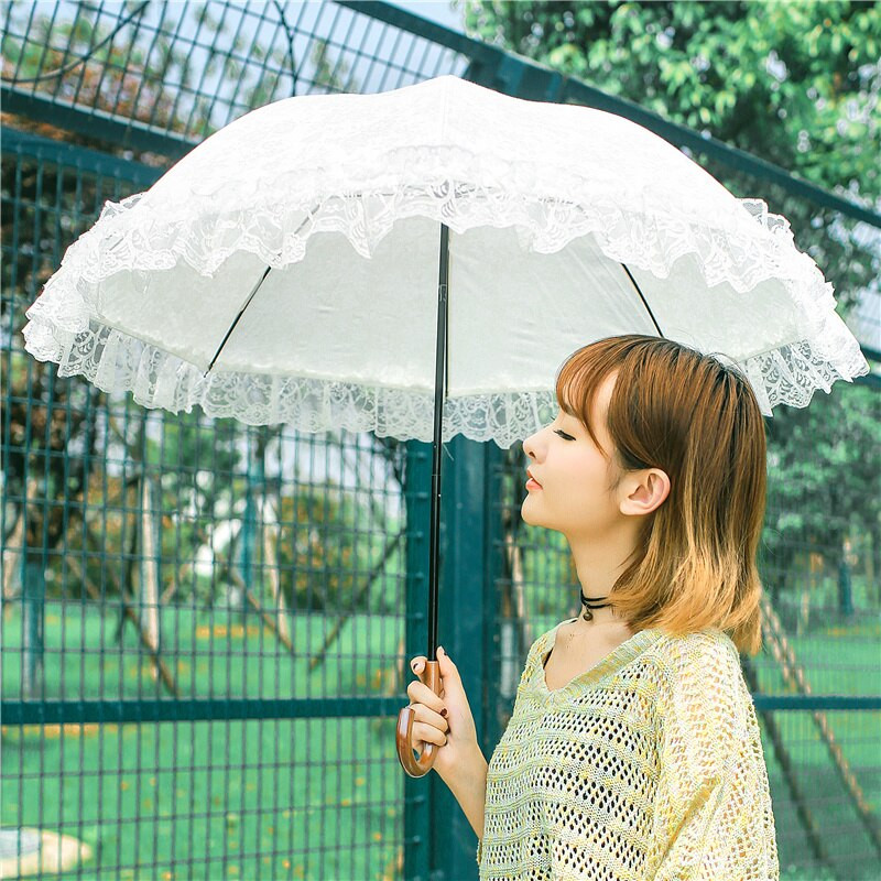 Biely čipkovaný dáždnik pre ženy, kvetinový dáždnik s dlhou rukoväťou, svadobný retro slnečník pre dievčatá, dekorácia, darček Guarda Chuva SY329