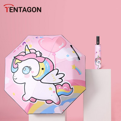 Detský dáždnik, automatický skladací, kreatívny, roztomilý kreslený dáždnik, UV žiarenie, vodeodolný, detský slnečník s reflexným prúžkom