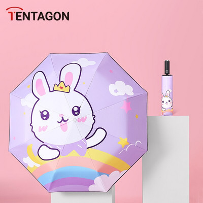 Detský dáždnik, automatický skladací, kreatívny, roztomilý kreslený dáždnik, UV žiarenie, vodeodolný, detský slnečník s reflexným prúžkom