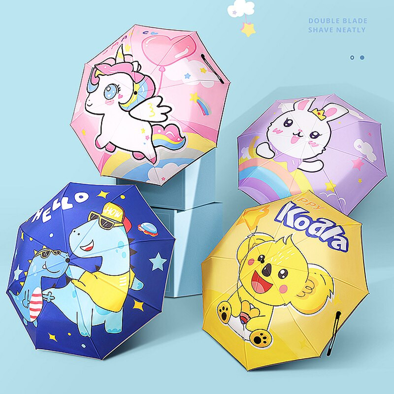 Detský dáždnik, automatický skladací, kreatívny, roztomilý kreslený dáždnik, UV žiarenie, vodeodolný, detský slnečník s reflexným prúžkom