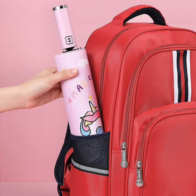 Detský dáždnik, automatický skladací, kreatívny, roztomilý kreslený dáždnik, UV žiarenie, vodeodolný, detský slnečník s reflexným prúžkom