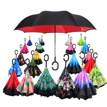 Πολύχρωμη αντιανεμική ανάποδη πτυσσόμενη ομπρέλα Άνδρας Γυναικεία Ήλιος Βροχή αυτοκινήτου Αντεστραμμένες ομπρέλες διπλής στρώσης Anti UV Self Stand Parapluie