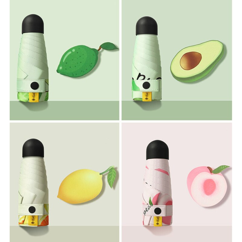 Mini slnečník s ovocným vzorom, vetruodolný, proti UV žiareniu, 5 skladacích, prenosných, cestovných, dažďových, dámskych, detských, vreckových