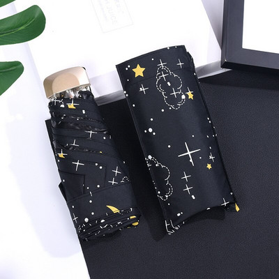 Dámsky skladací dáždnik Star Sky, malý, päťskladací, čierny, mini vreckový slnečník, vetruodolný, prenosný, slnečník do dažďa