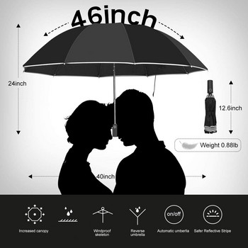 Обърнат чадър/преносим ветроустойчив сгъваем чадър за пътуване, чадър с 10 ребра с автоматично отваряне/затваряне, светлоотразителни ивици за нощна безопасност