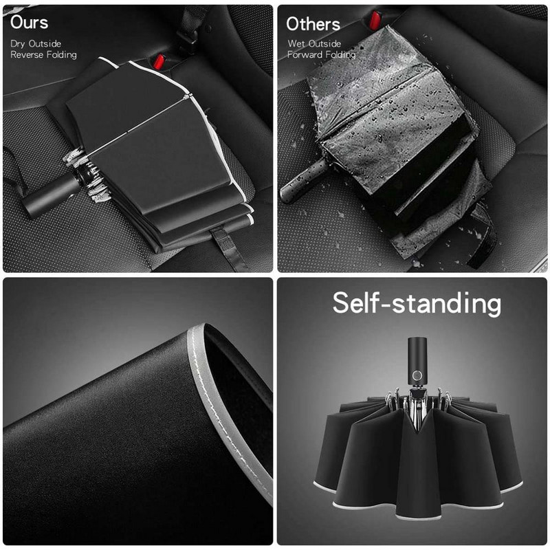 Prenosný vetruodolný skladací dáždnik/prevrátený dáždnik na cesty, 10 rebier, automatické otváranie/zatváranie, reflexné pruhy pre bezpečnosť v noci