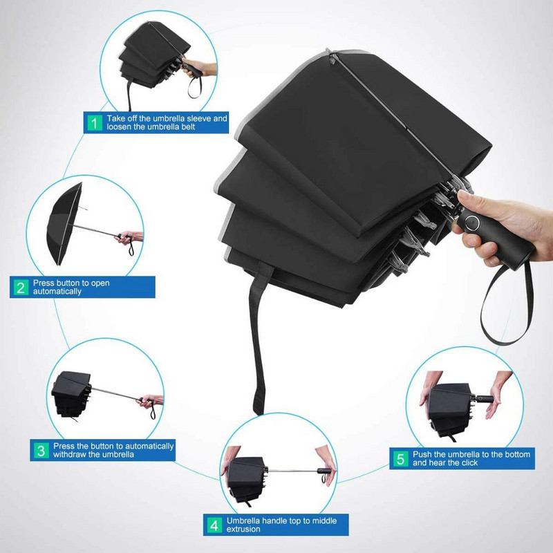 Prenosný vetruodolný skladací dáždnik/prevrátený dáždnik na cesty, 10 rebier, automatické otváranie/zatváranie, reflexné pruhy pre bezpečnosť v noci