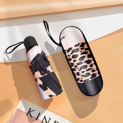 Módny leopardový mini dáždnik, päť skladací UV luxusný dáždnik, prenosný letný vonkajší vreckový slnečník pre dievčatá, darček