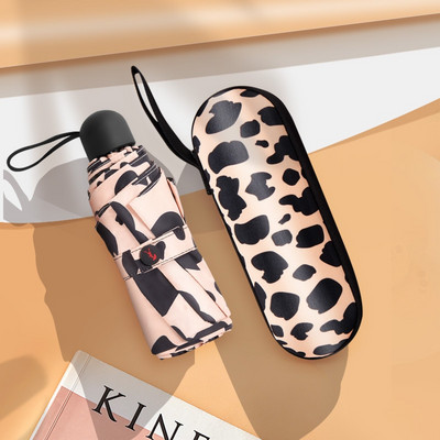 Módny leopardový mini dáždnik, päť skladací UV luxusný dáždnik, prenosný letný vonkajší vreckový slnečník pre dievčatá, darček