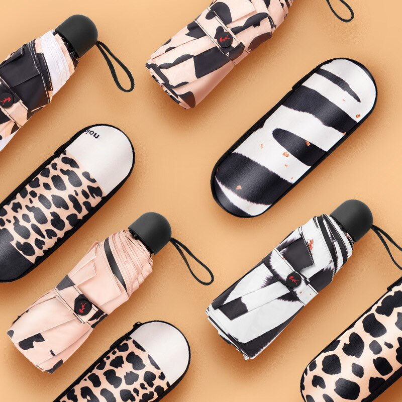 Módny leopardový mini dáždnik, päť skladací UV luxusný dáždnik, prenosný letný vonkajší vreckový slnečník pre dievčatá, darček