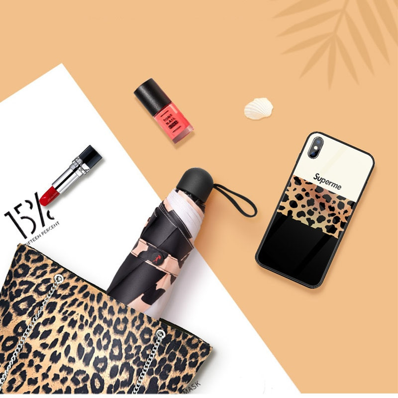 Módny leopardový mini dáždnik, päť skladací UV luxusný dáždnik, prenosný letný vonkajší vreckový slnečník pre dievčatá, darček