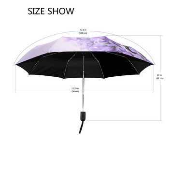 Моден дамски автоматичен чадър с три сгъваеми щампи с цветя, анти-UV слънцезащитен чадър за дъжд Дамски вътре в черно покритие