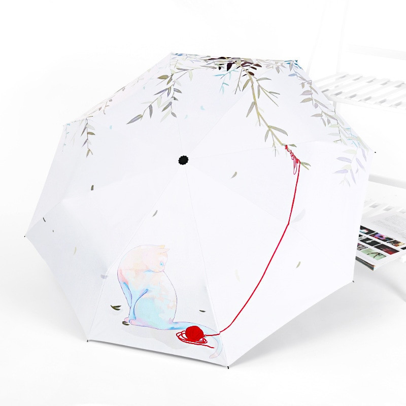 Čierny povlak na dámu, automatický dáždnik proti slnku, dáždnik, trojskladací dáždnik, krásna mačka, ženský slnečník, vianočné darčeky, Paraguas