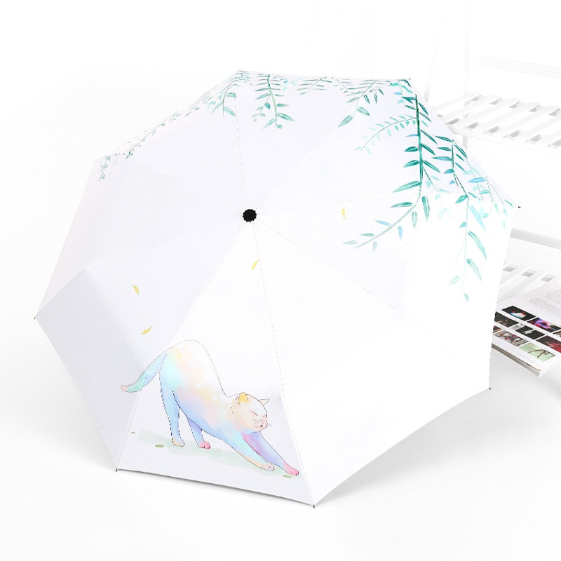 Čierny povlak na dámu, automatický dáždnik proti slnku, dáždnik, trojskladací dáždnik, krásna mačka, ženský slnečník, vianočné darčeky, Paraguas
