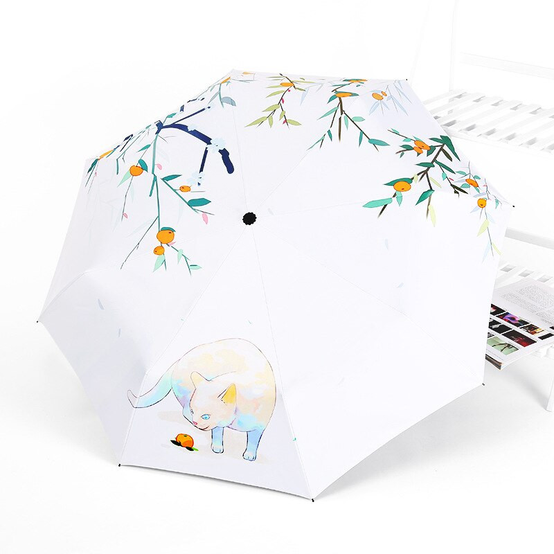 Čierny povlak na dámu, automatický dáždnik proti slnku, dáždnik, trojskladací dáždnik, krásna mačka, ženský slnečník, vianočné darčeky, Paraguas