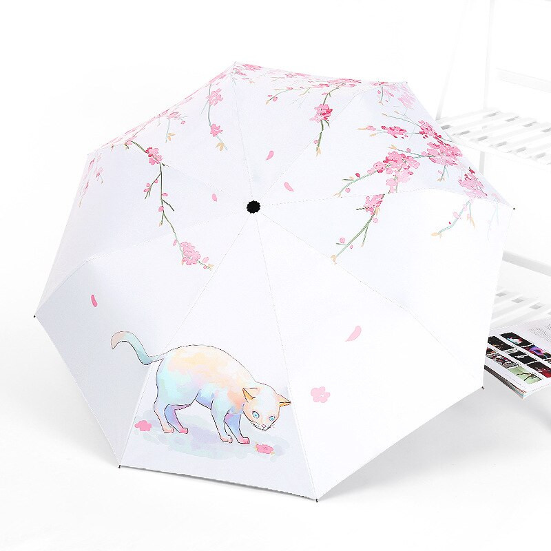 Čierny povlak na dámu, automatický dáždnik proti slnku, dáždnik, trojskladací dáždnik, krásna mačka, ženský slnečník, vianočné darčeky, Paraguas