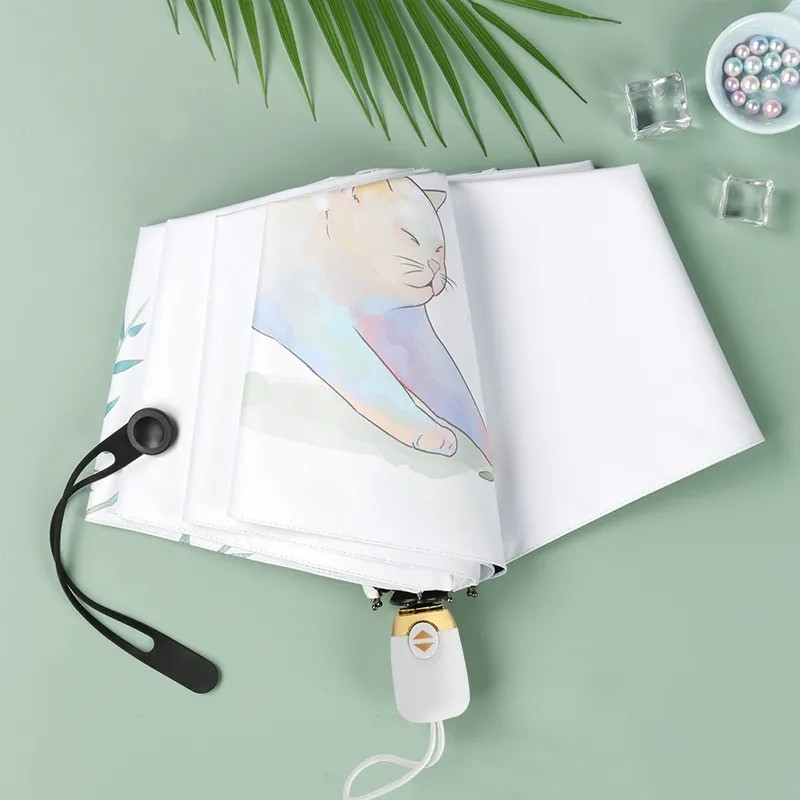 Čierny povlak na dámu, automatický dáždnik proti slnku, dáždnik, trojskladací dáždnik, krásna mačka, ženský slnečník, vianočné darčeky, Paraguas