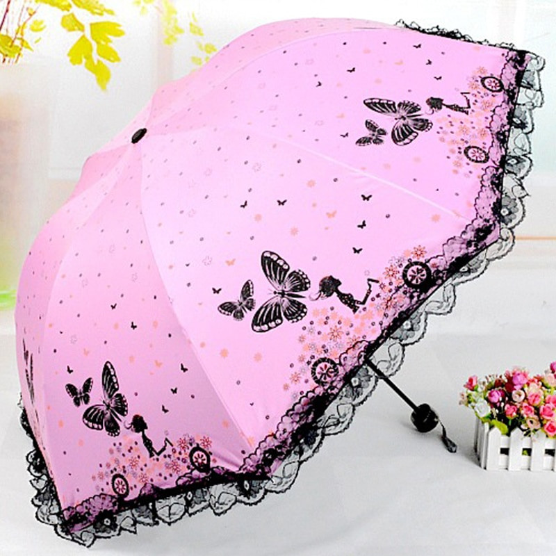 Nauji atvykę mergaičių skėčiai, moteriški lietaus drugeliai, fėjos, skėtis Šiuolaikinės mados moteriškos skėčios nėriniai, moteriškos skėčios dovana, dovanėlė nuo saulės US068