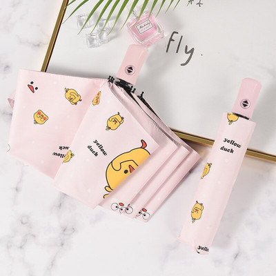 Umbrelă complet automată rezistentă la vânt și la ploaie Rață galbenă Umbrelă însorită și ploioasă Cremă solară pentru femei Umbrelă de desene cu trei ori