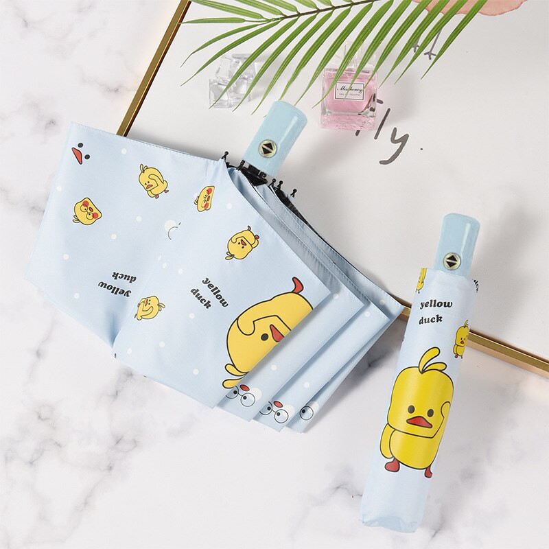 Umbrelă complet automată rezistentă la vânt și la ploaie Rață galbenă Umbrelă însorită și ploioasă Cremă solară pentru femei Umbrelă de desene cu trei ori