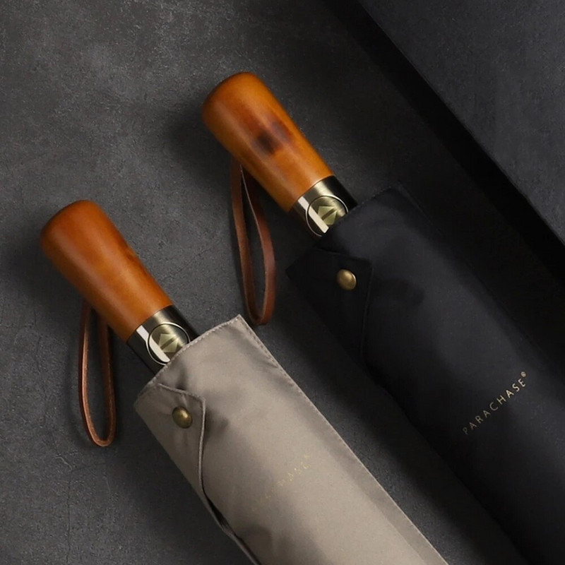 PARACHASE Veľký dáždnik pre mužov, biznis štýl, 115 cm, automatický dáždnik, dvojvrstvový, odolný voči dažďu, 10K, vetruodolný, veľký golfový dáždnik, drevený