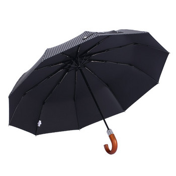 Leodauknow Нов автоматичен сгъваем чадър Мъже Жени Дървена дръжка Слънчеви чадъри в стил райета Ветроустойчиви 10K Anti UV Чадър Марка