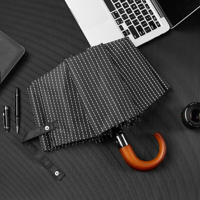 Leodauknow Nový automatický skladací dáždnik pre mužov a ženy s drevenou rukoväťou, pruhovaný štýl, slnečníky proti vetru, 10K anti UV žiarenie, značka slnečníka